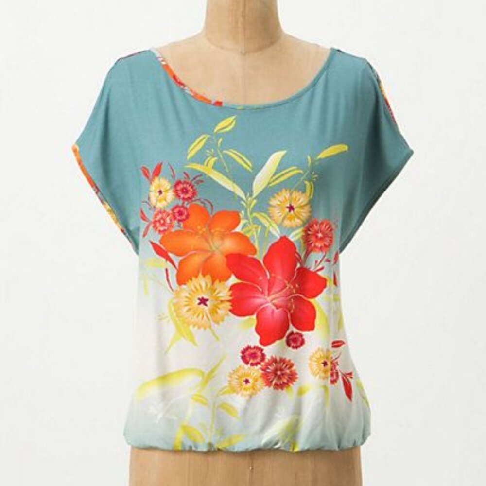 Anthropologie Attila Tee Floral Knit Top Blue Motif with Red Orange Flowers